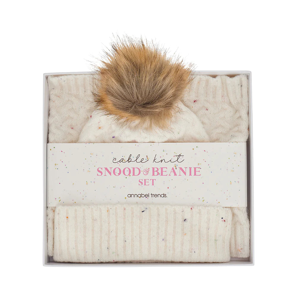 Snood and Beanie Set- Cable Knit -Speckle Cream